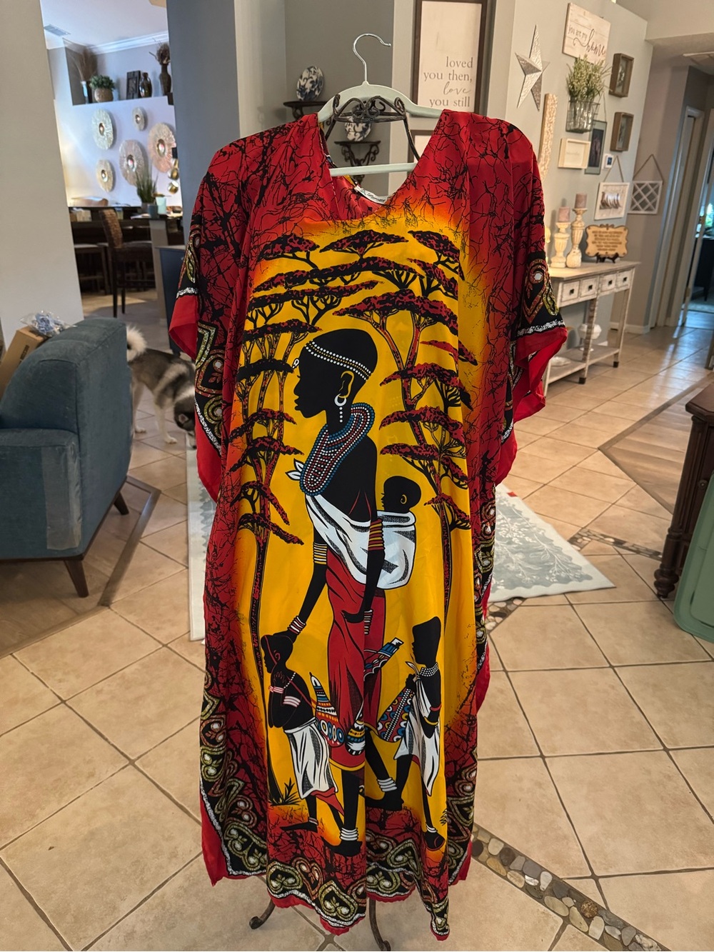 Vintage Luponge African Tribal Print Caftan Maxi Dress One Size Made in India